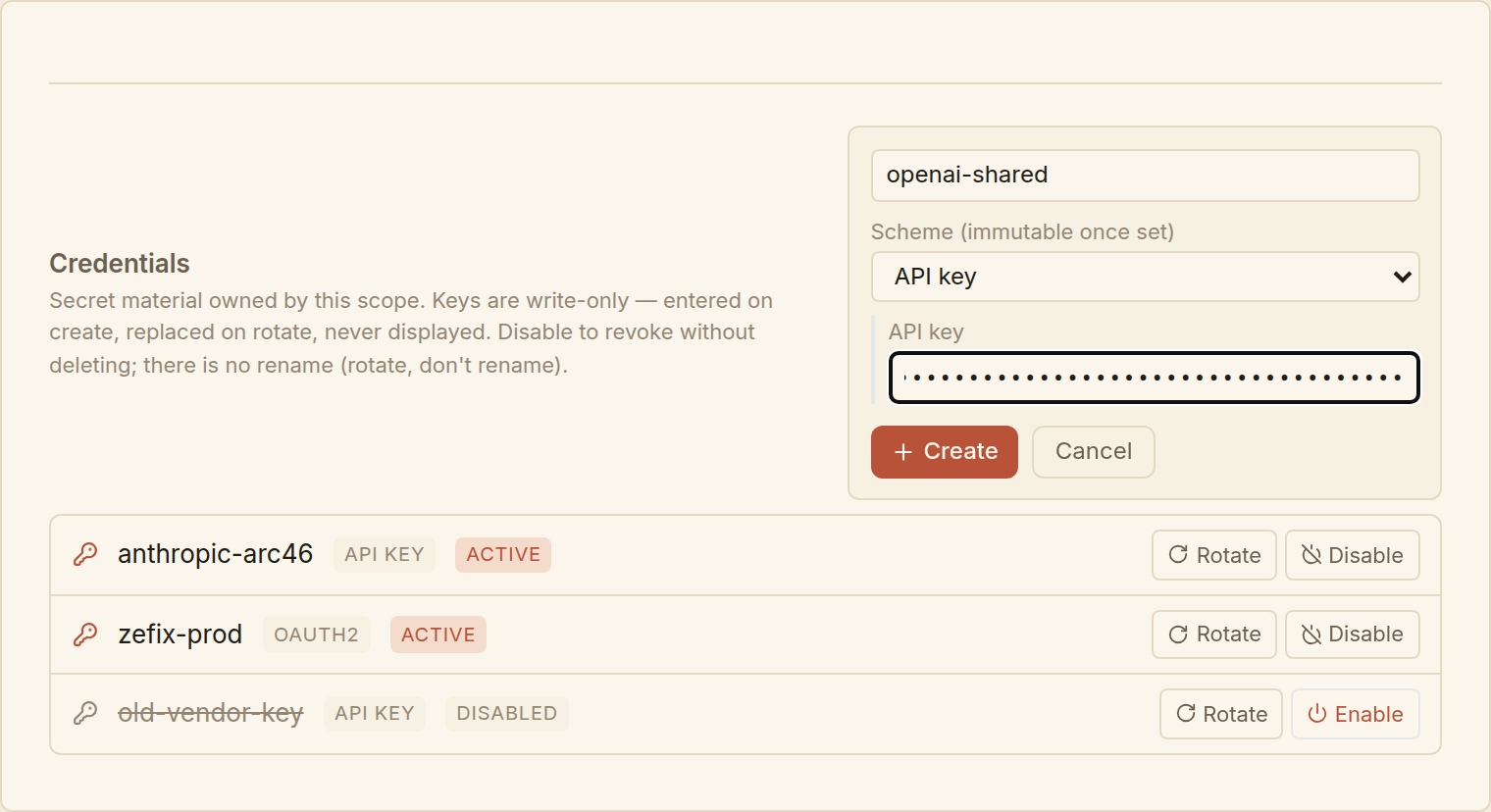 The Add credential form: a name field, a scheme selector set to API key, and a masked secret field, with Create and Cancel buttons.