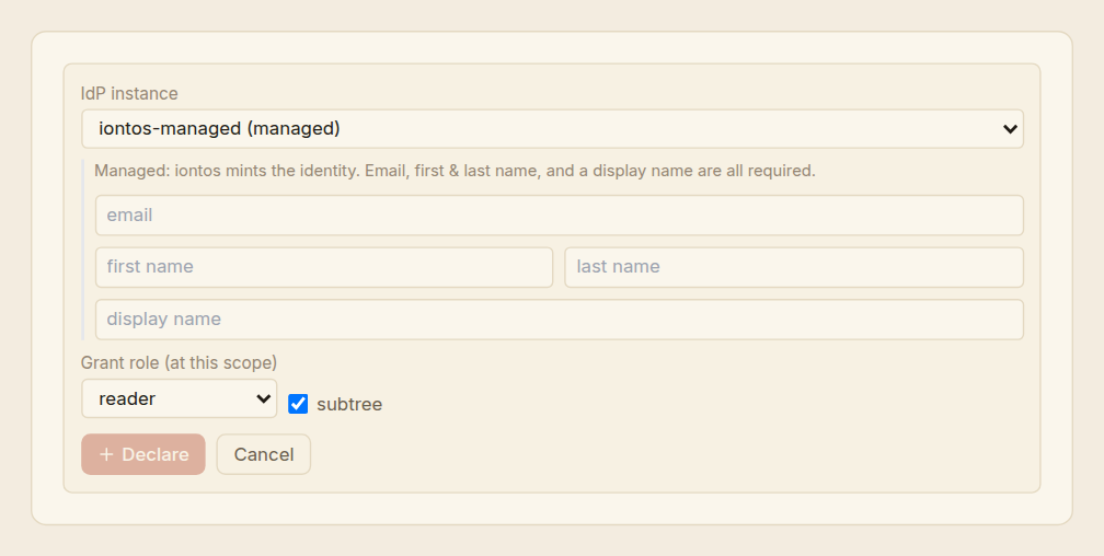 The declare-user form for a managed identity provider: an IdP-instance selector, fields for email, first name, last name and display name, a grant-role selector, and a subtree checkbox.