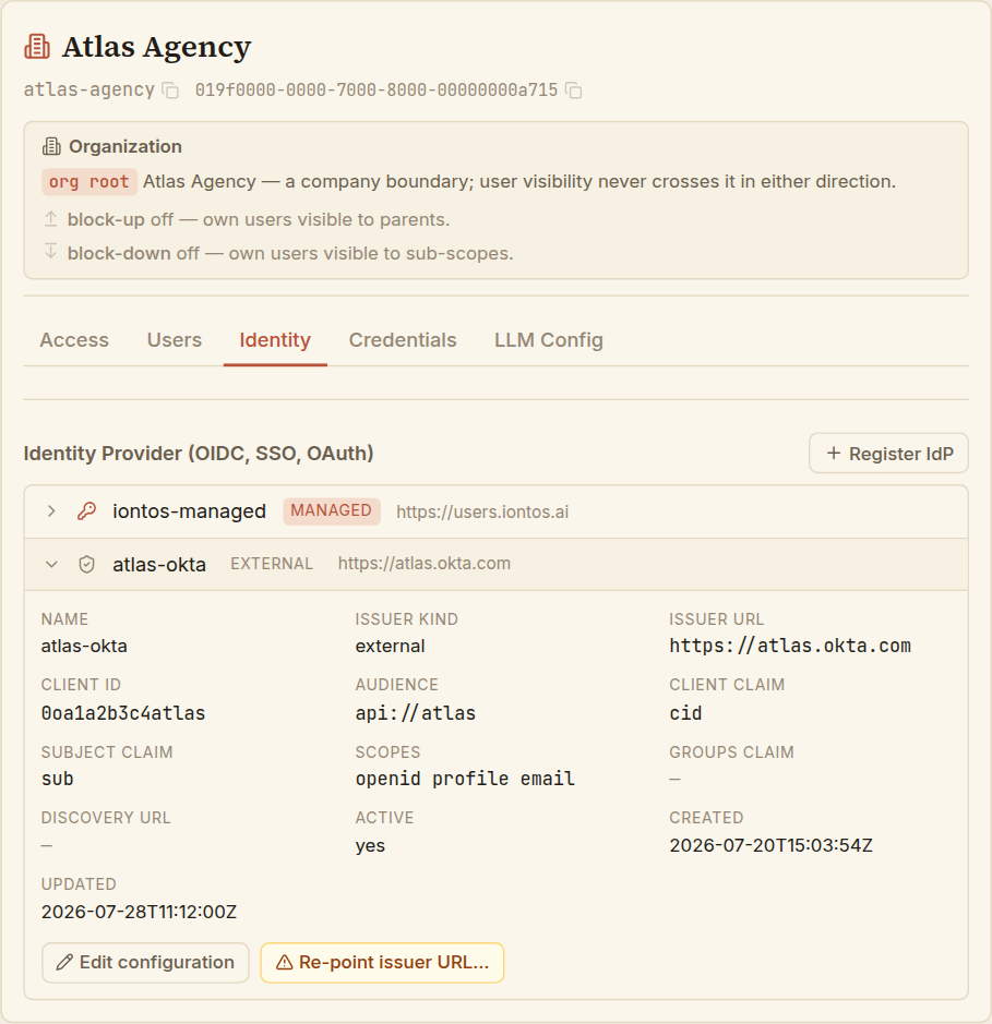 An expanded external instance showing its read-only configuration grid — name, issuer, client id, audience, claims, timestamps — with 'Edit configuration' and an amber 'Re-point issuer URL' button beneath.