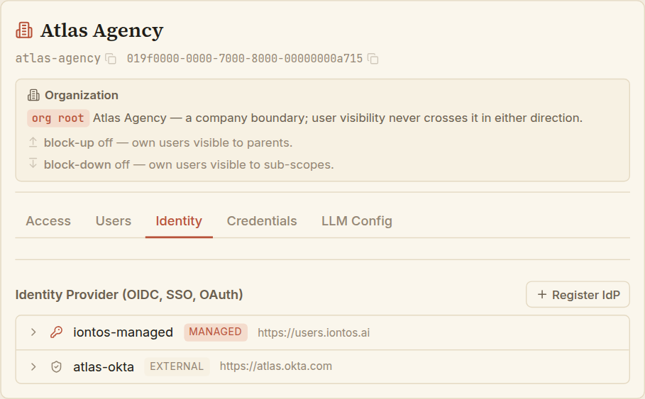 The Identity tab listing two providers — a managed 'iontos-managed' instance and an external 'atlas-okta' instance — with an expanded external instance showing its configuration grid and Edit / Re-point actions.