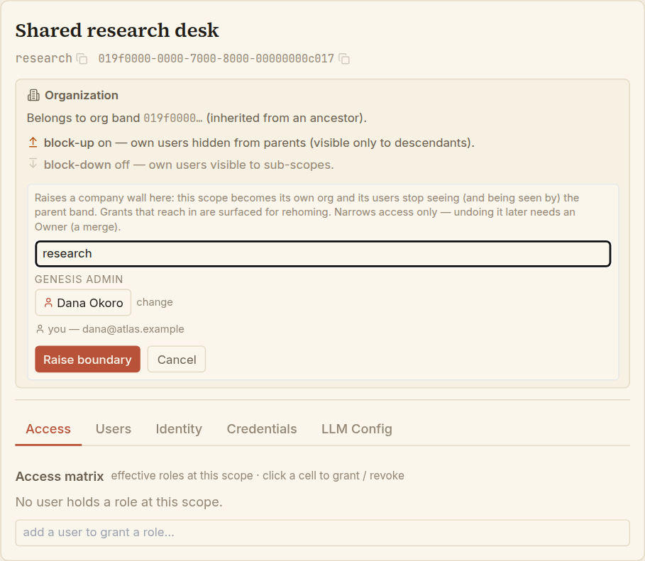 The Organization panel for a sub-scope, showing it belongs to an ancestor's organization band with the block-up limit on, and the expanded 'raise boundary' form with an organization name and a genesis-admin picker.