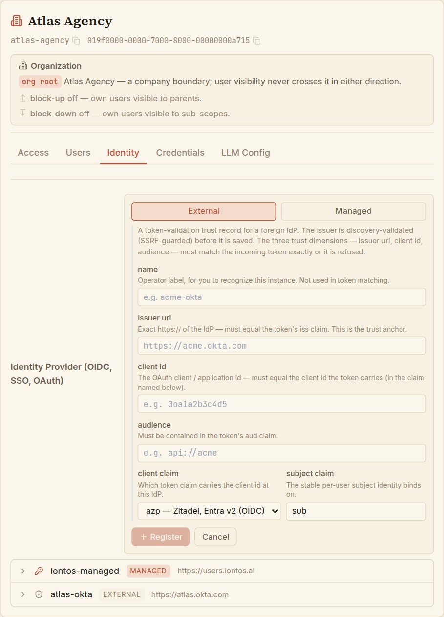 The register-IdP form for an external provider: a name, issuer URL, client ID, audience, a client-claim selector with per-IdP hints, and a subject-claim field, each with an inline explanation.