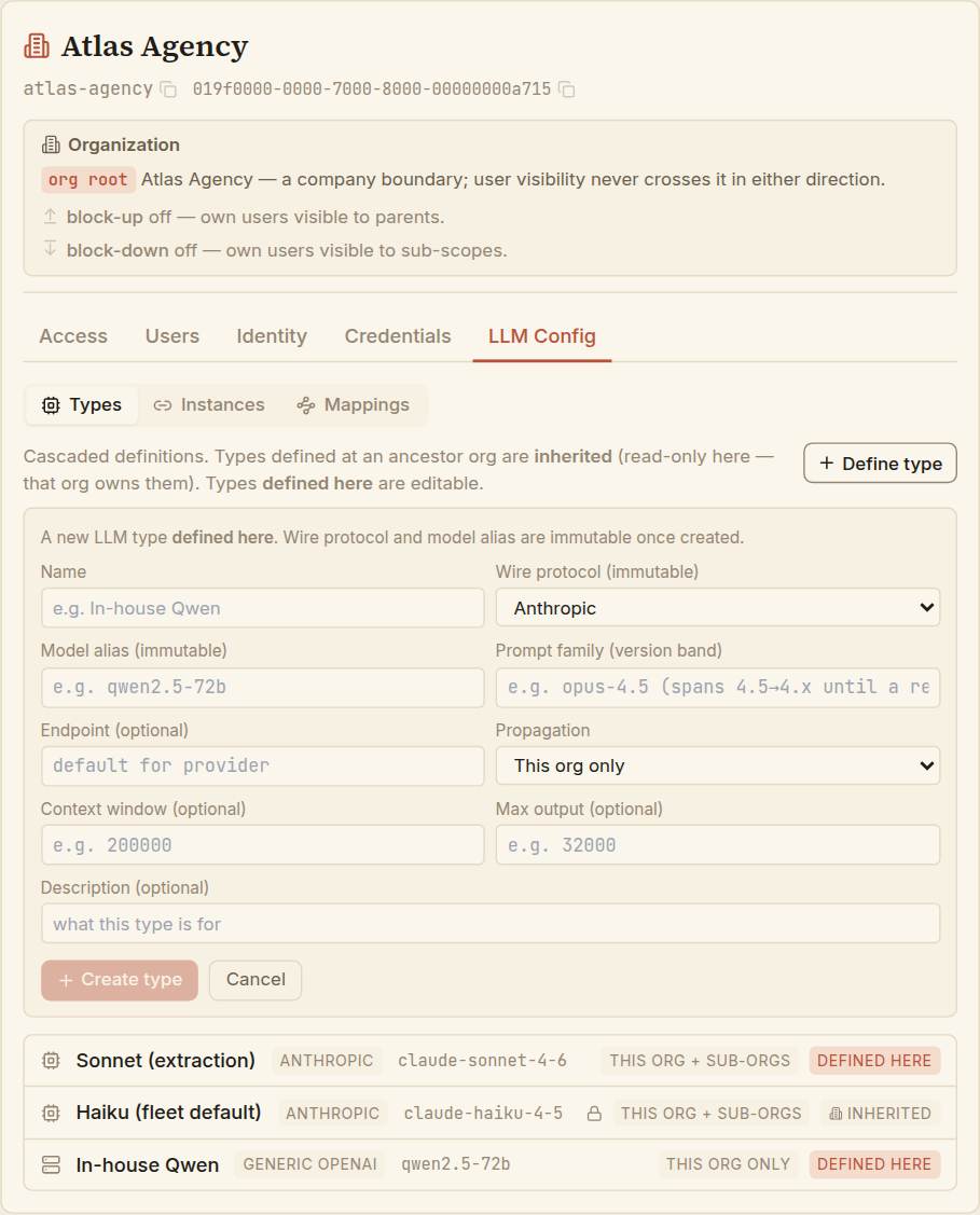 The define-type form: a name, an immutable wire-protocol selector and model-alias field, a prompt-family field, an endpoint, a propagation selector, and optional context-window and max-output fields.